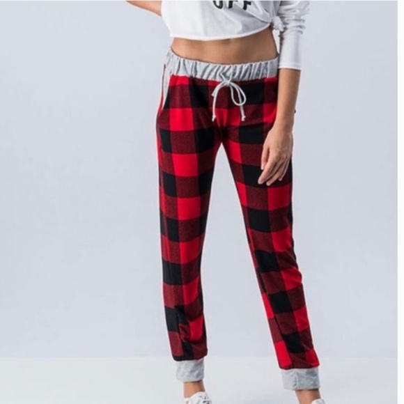 plaid print joggers jogging pants pockets red - Picture 6 of 6